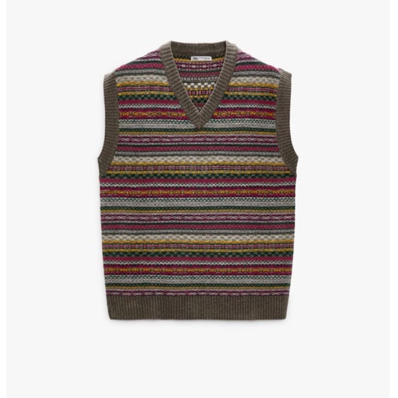 Zara wool blend rustic multicolored whimsical jacquard V-neck sweater vest NWT - Picture 9 of 9
